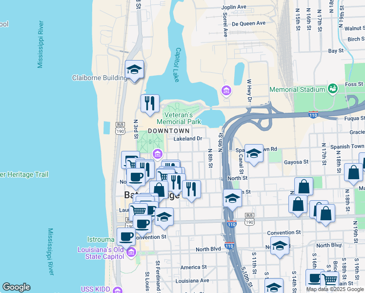 map of restaurants, bars, coffee shops, grocery stores, and more near 536 Spanish Town Road in Baton Rouge