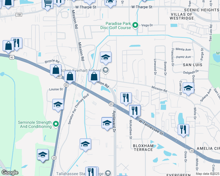 map of restaurants, bars, coffee shops, grocery stores, and more near 2750 West Mission Road in Tallahassee