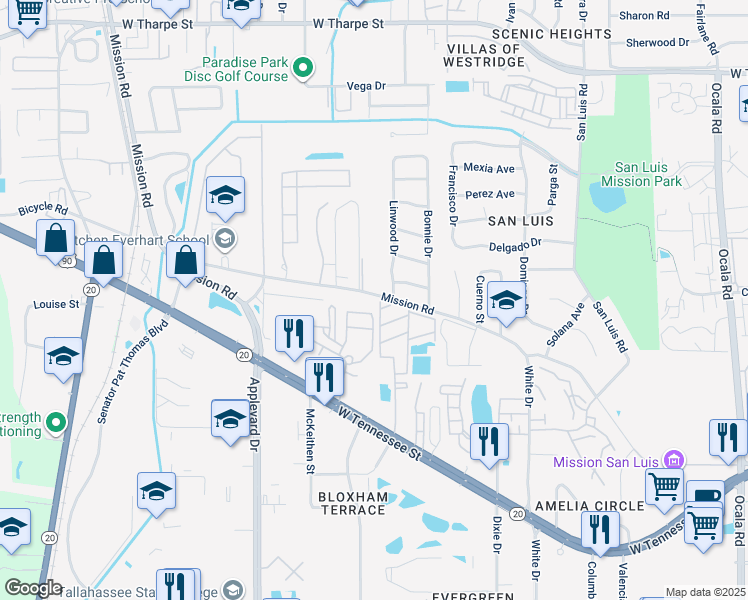 map of restaurants, bars, coffee shops, grocery stores, and more near 2603 West Mission Road in Tallahassee