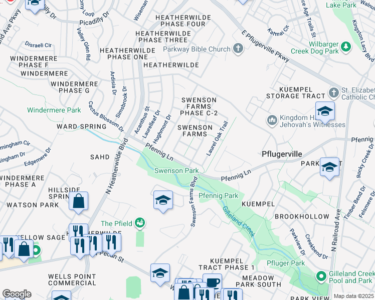 map of restaurants, bars, coffee shops, grocery stores, and more near 1407 River Birch Way in Pflugerville