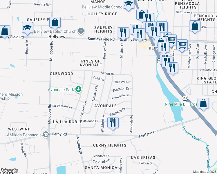 map of restaurants, bars, coffee shops, grocery stores, and more near 5745 Wickford Lane in Pensacola