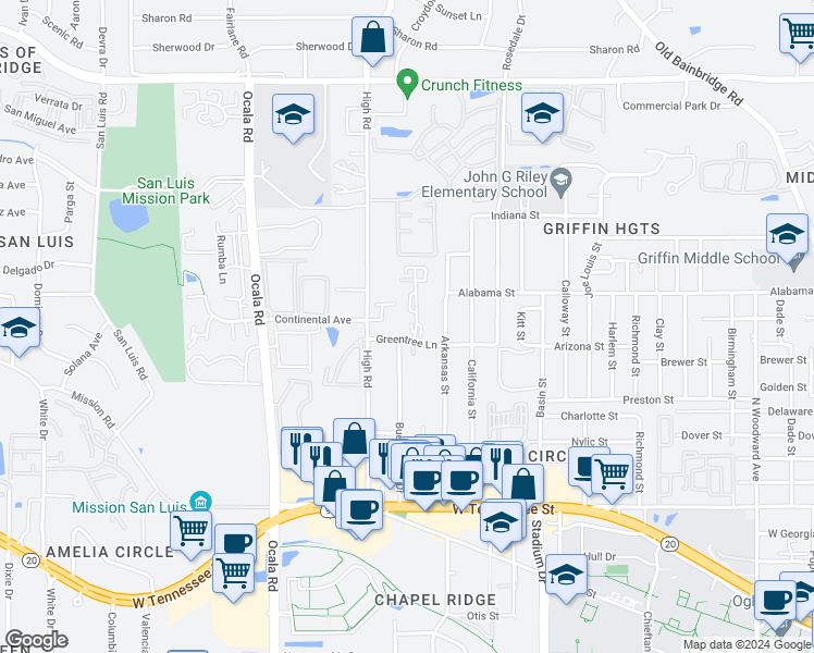 map of restaurants, bars, coffee shops, grocery stores, and more near 1102 Greentree Court in Tallahassee