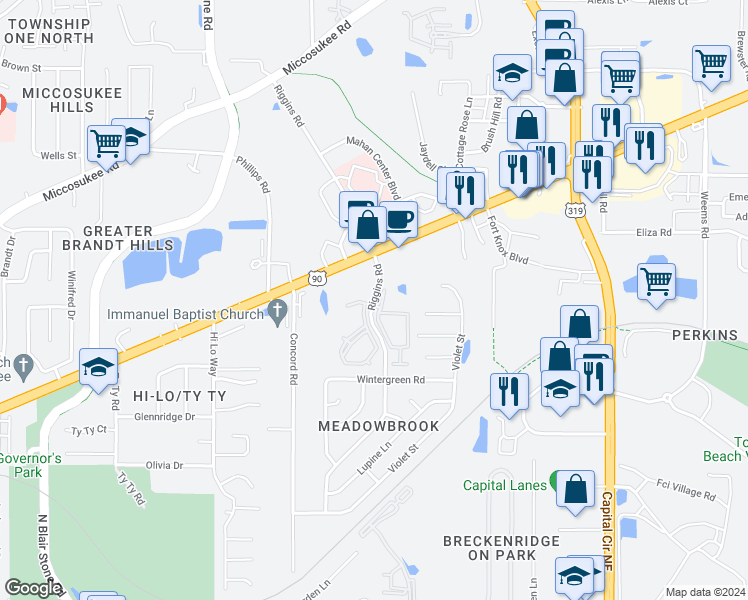 map of restaurants, bars, coffee shops, grocery stores, and more near 1059 Riggins Road in Tallahassee