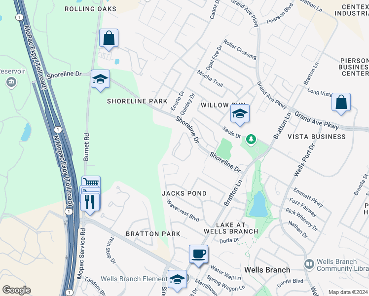 map of restaurants, bars, coffee shops, grocery stores, and more near 3501 Shoreline Drive in Austin