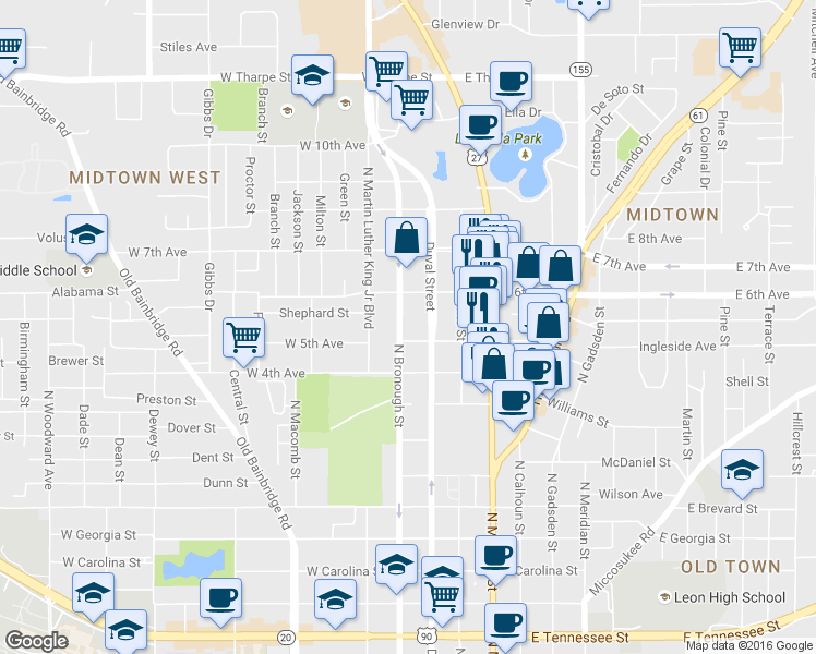 map of restaurants, bars, coffee shops, grocery stores, and more near 185 West 5th Avenue in Tallahassee