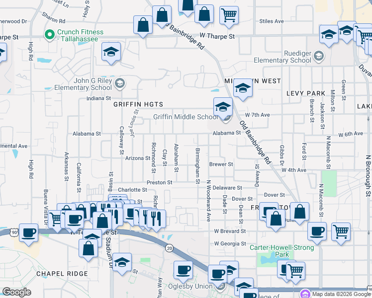 map of restaurants, bars, coffee shops, grocery stores, and more near 1116 Ellington Court in Tallahassee