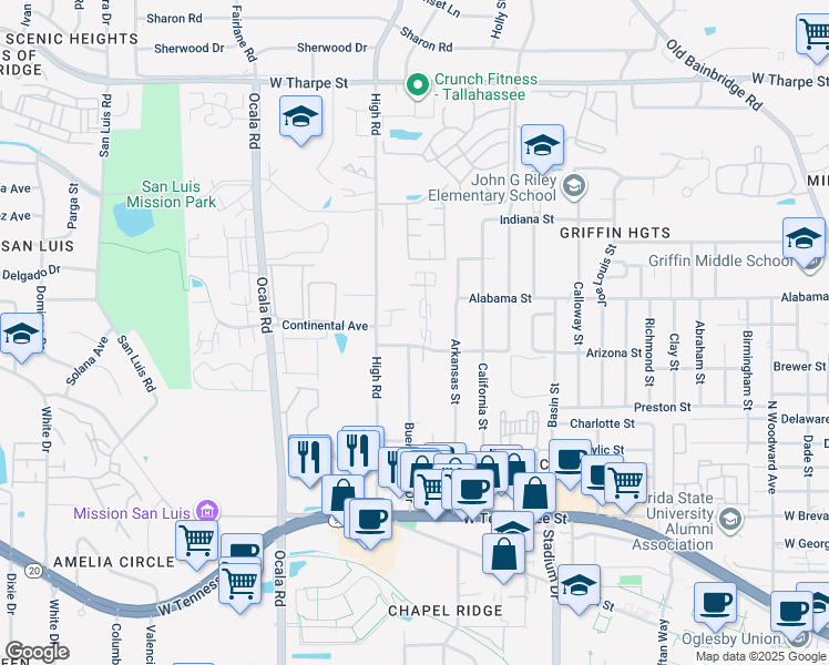 map of restaurants, bars, coffee shops, grocery stores, and more near 1100 Greentree Lane in Tallahassee