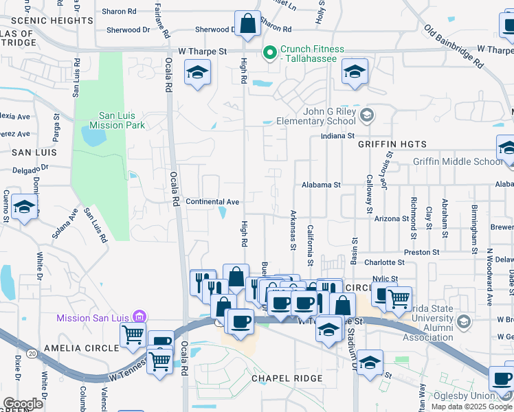 map of restaurants, bars, coffee shops, grocery stores, and more near 1100 Greentree Lane in Tallahassee