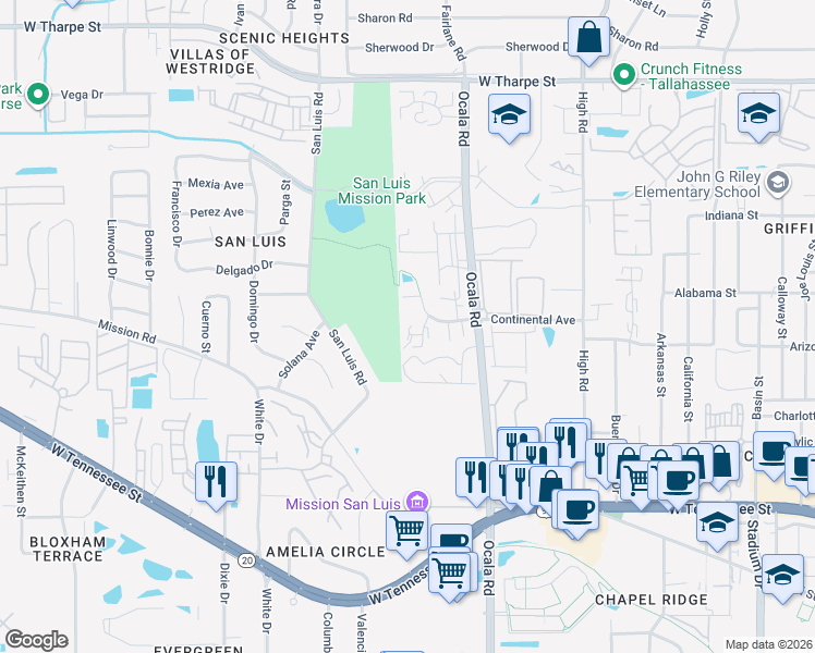 map of restaurants, bars, coffee shops, grocery stores, and more near 1206 Hidden Place in Tallahassee