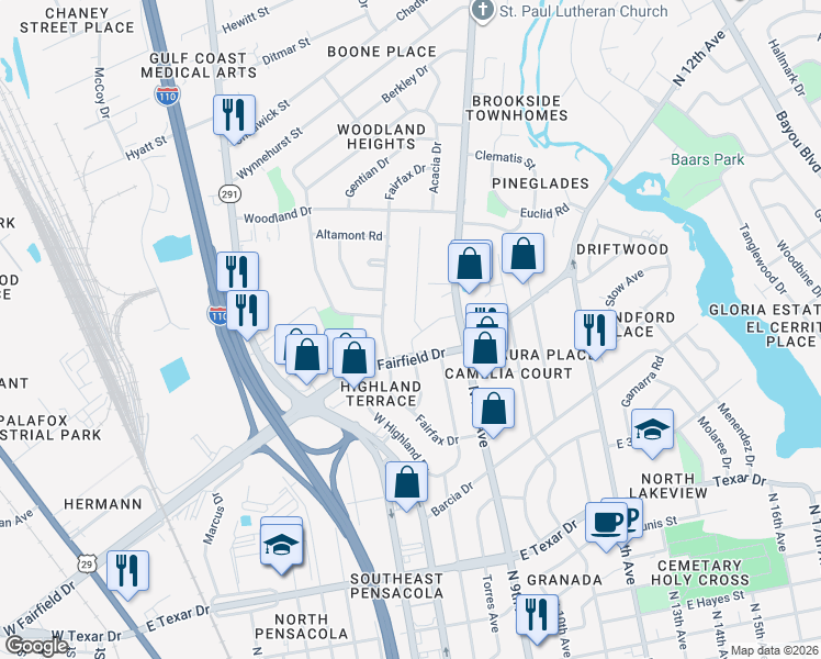 map of restaurants, bars, coffee shops, grocery stores, and more near 704 East Fairfield Drive in Pensacola