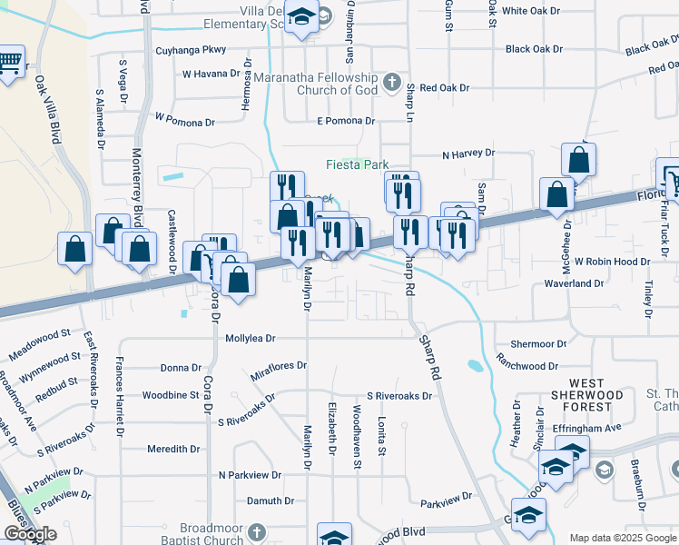map of restaurants, bars, coffee shops, grocery stores, and more near 155 Marilyn Drive in Baton Rouge