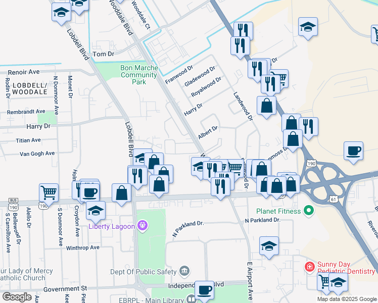 map of restaurants, bars, coffee shops, grocery stores, and more near 475 Wooddale Boulevard in Baton Rouge