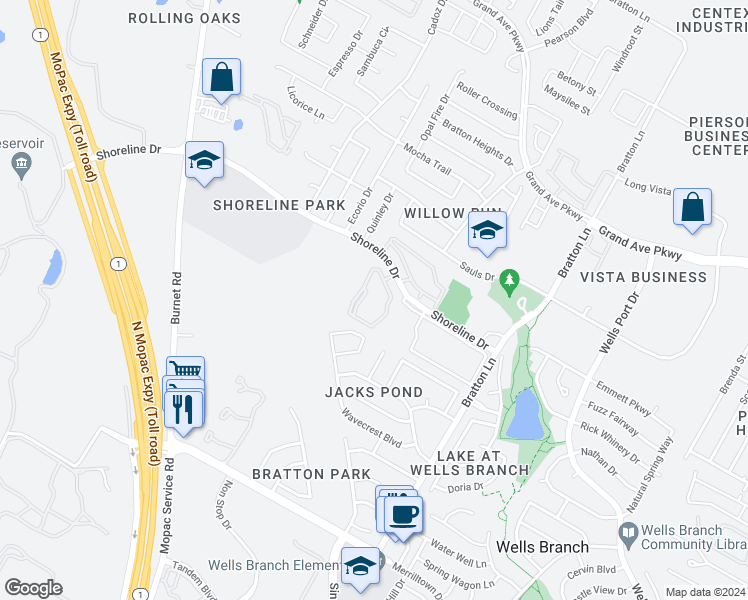 map of restaurants, bars, coffee shops, grocery stores, and more near 3501 Shoreline Drive in Austin