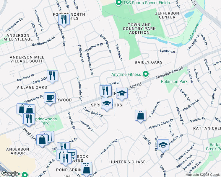 map of restaurants, bars, coffee shops, grocery stores, and more near 8931 Black Oak Street in Austin