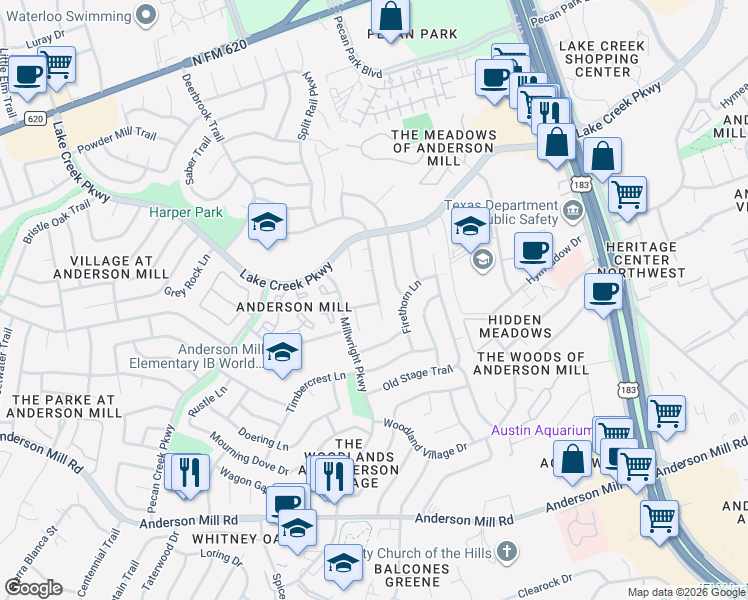 map of restaurants, bars, coffee shops, grocery stores, and more near 12201 Jill Sue Court in Austin