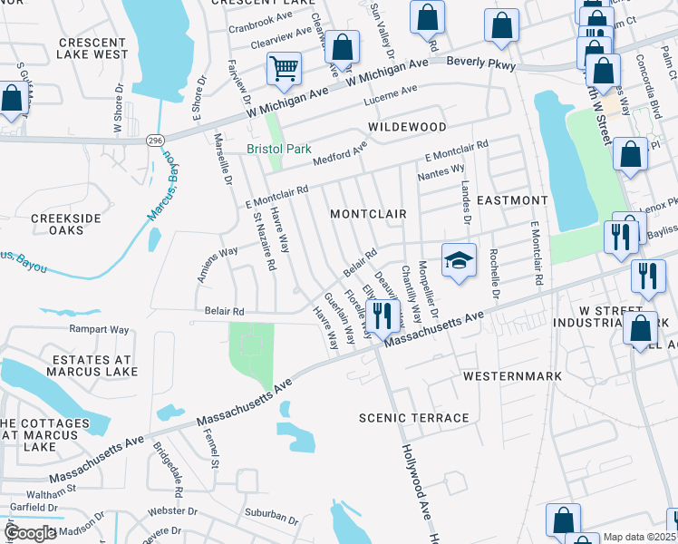 map of restaurants, bars, coffee shops, grocery stores, and more near 918 Belair Road in Pensacola