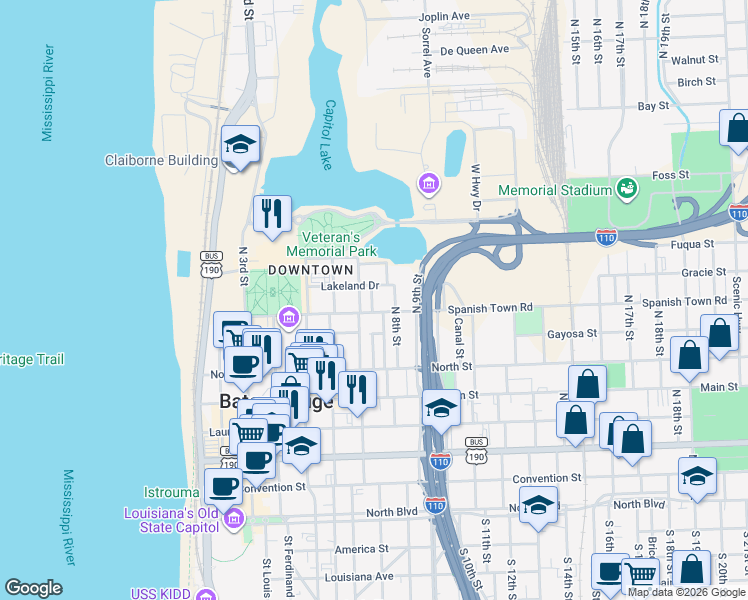 map of restaurants, bars, coffee shops, grocery stores, and more near in Baton Rouge