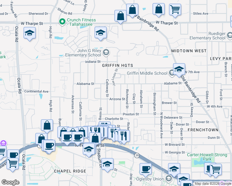 map of restaurants, bars, coffee shops, grocery stores, and more near 1031 Joe Louis Street in Tallahassee