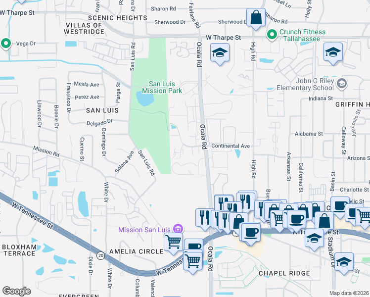 map of restaurants, bars, coffee shops, grocery stores, and more near 1231 Chee Lane in Tallahassee