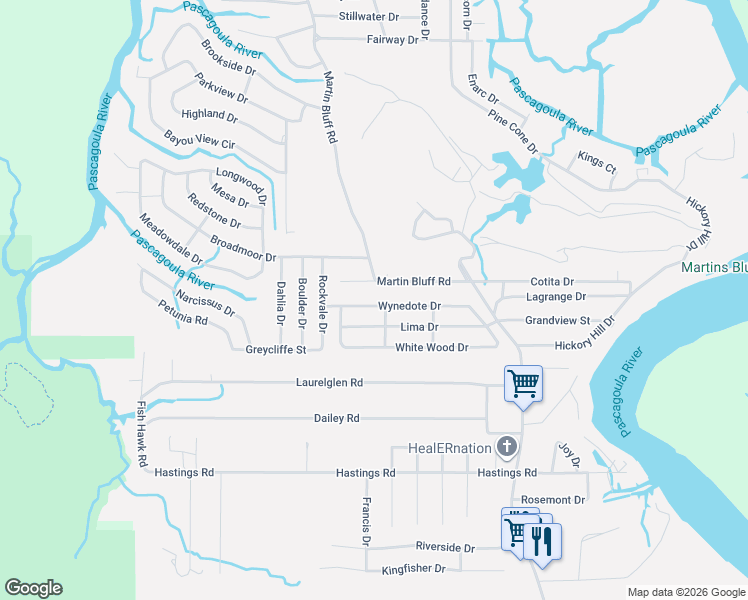 map of restaurants, bars, coffee shops, grocery stores, and more near 1704 Lima Drive in Gautier