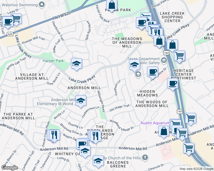 map of restaurants, bars, coffee shops, grocery stores, and more near 12201 Jill Sue Court in Austin