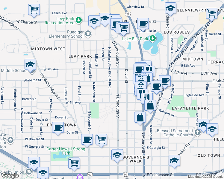 map of restaurants, bars, coffee shops, grocery stores, and more near 1221 North Martin Luther King Junior Boulevard in Tallahassee
