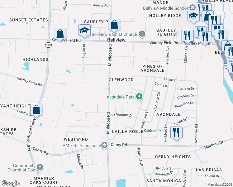map of restaurants, bars, coffee shops, grocery stores, and more near 5760 Muldoon Road in Pensacola