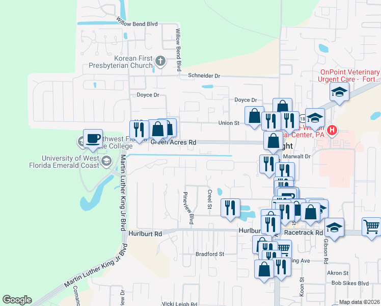 map of restaurants, bars, coffee shops, grocery stores, and more near 1101 Pineview Boulevard in Fort Walton Beach