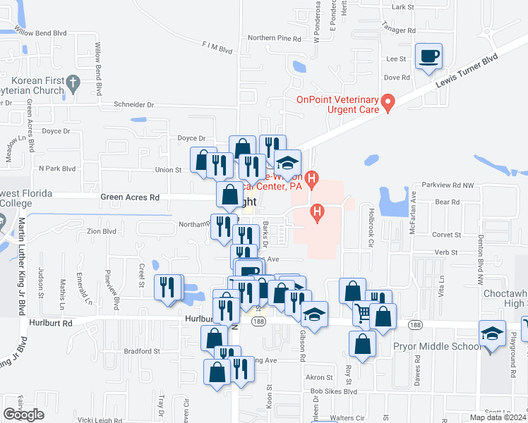 map of restaurants, bars, coffee shops, grocery stores, and more near 1001 Marwalt Drive in Fort Walton Beach