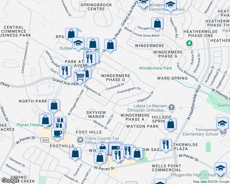 map of restaurants, bars, coffee shops, grocery stores, and more near 16314 Framingham Circle in Pflugerville