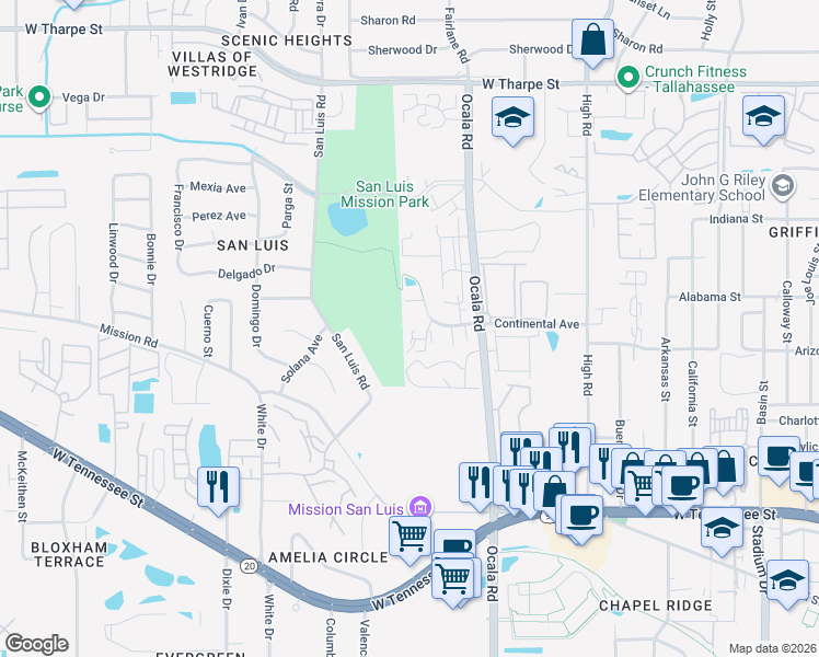 map of restaurants, bars, coffee shops, grocery stores, and more near 1206 Hidden Place in Tallahassee
