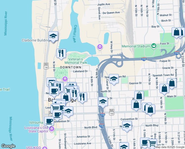 map of restaurants, bars, coffee shops, grocery stores, and more near 822 North 8th Street in Baton Rouge