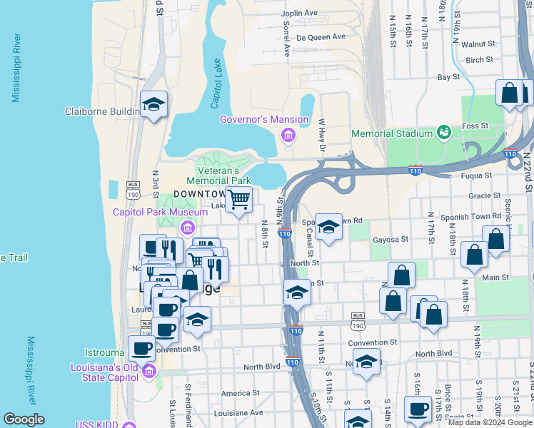 map of restaurants, bars, coffee shops, grocery stores, and more near 824 North 8th Street in Baton Rouge
