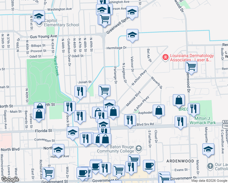 map of restaurants, bars, coffee shops, grocery stores, and more near 745 Parlange Drive in Baton Rouge
