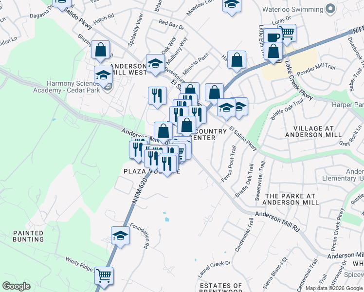 map of restaurants, bars, coffee shops, grocery stores, and more near Anderson Mill Road in Austin