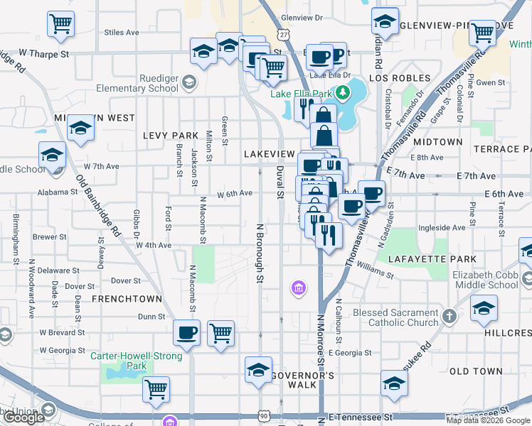 map of restaurants, bars, coffee shops, grocery stores, and more near 1234 North Duval Street in Tallahassee