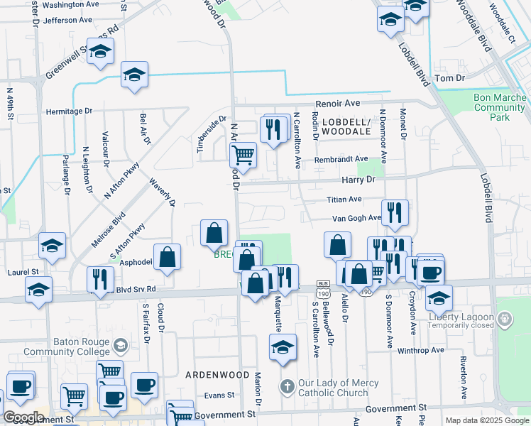 map of restaurants, bars, coffee shops, grocery stores, and more near 6214 Villa Ashley Drive in Baton Rouge