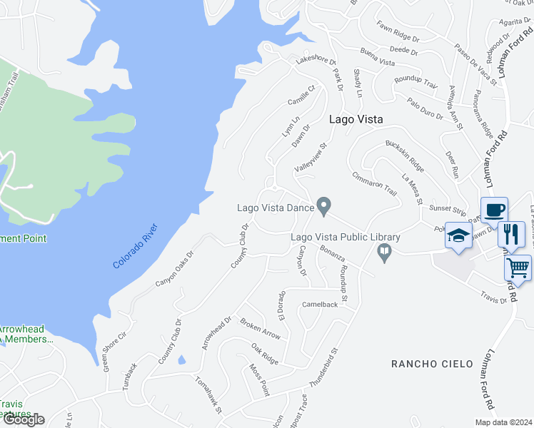 map of restaurants, bars, coffee shops, grocery stores, and more near 5804 Circulo Drive in Lago Vista