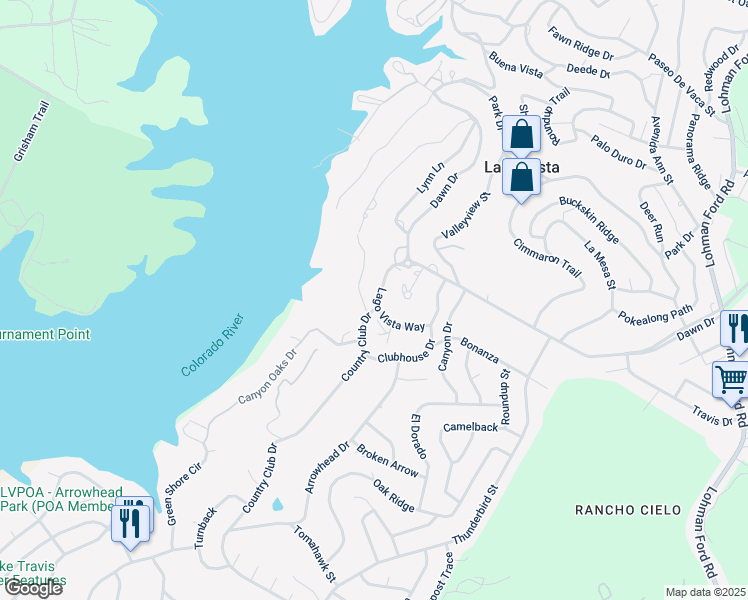 map of restaurants, bars, coffee shops, grocery stores, and more near 5915 Lago Vista Way in Lago Vista