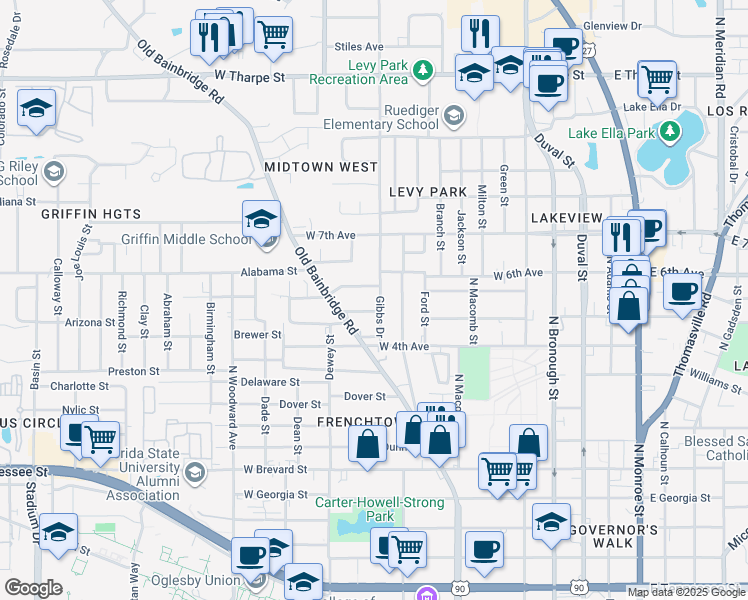 map of restaurants, bars, coffee shops, grocery stores, and more near 1210 Gibbs Drive in Tallahassee