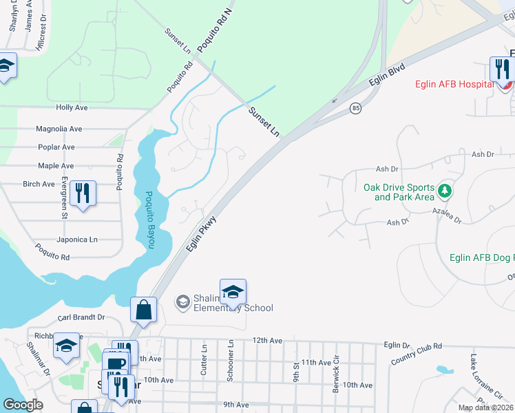 map of restaurants, bars, coffee shops, grocery stores, and more near Eglin Parkway in Eglin AFB