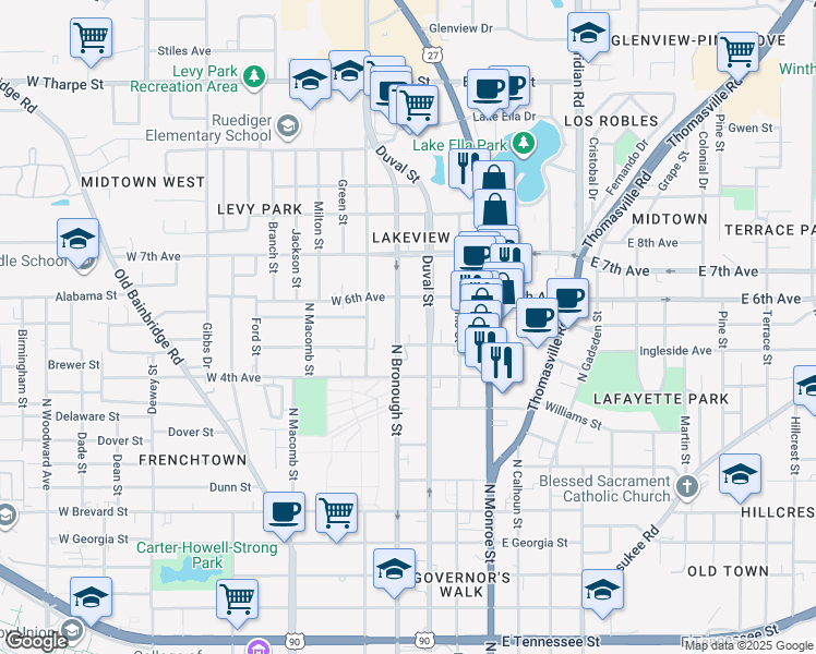 map of restaurants, bars, coffee shops, grocery stores, and more near 1234 North Duval Street in Tallahassee