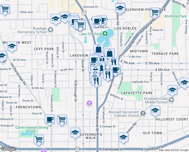 map of restaurants, bars, coffee shops, grocery stores, and more near 1233 North Monroe Street in Tallahassee