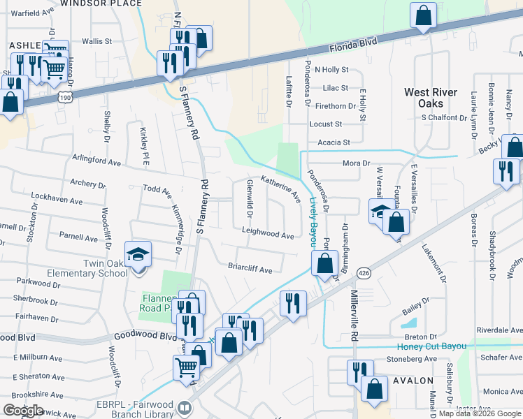 map of restaurants, bars, coffee shops, grocery stores, and more near 447 Glenwild Drive in Baton Rouge