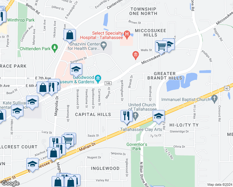 map of restaurants, bars, coffee shops, grocery stores, and more near 1117 Sandringham Drive in Tallahassee