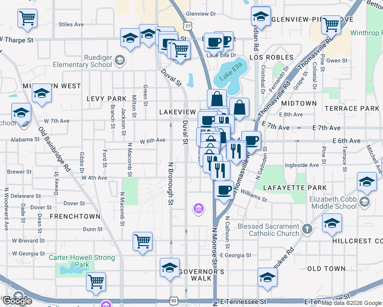 map of restaurants, bars, coffee shops, grocery stores, and more near 1230 North Adams Street in Tallahassee