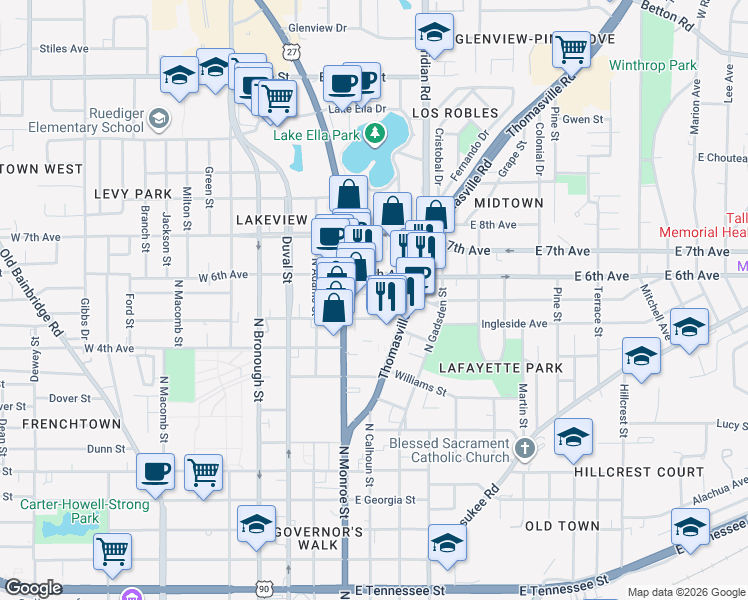 map of restaurants, bars, coffee shops, grocery stores, and more near 231 Lafayette Circle in Tallahassee