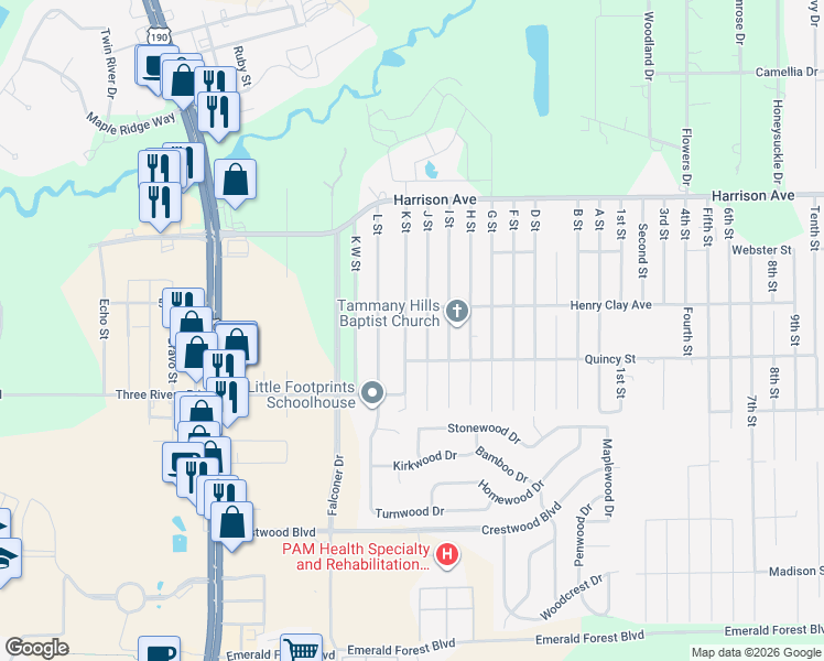 map of restaurants, bars, coffee shops, grocery stores, and more near 70381 K Street in Covington