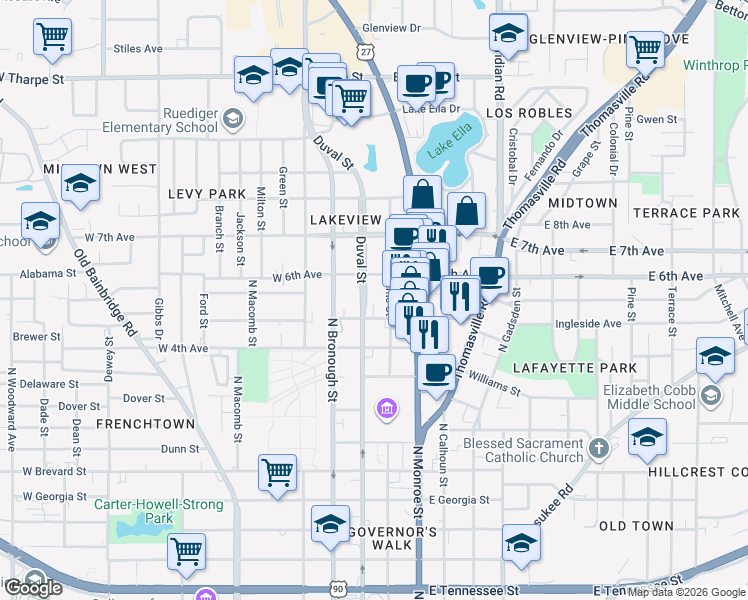 map of restaurants, bars, coffee shops, grocery stores, and more near 1230 North Adams Street in Tallahassee