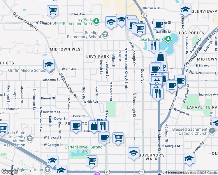 map of restaurants, bars, coffee shops, grocery stores, and more near 503 West 6th Avenue in Tallahassee